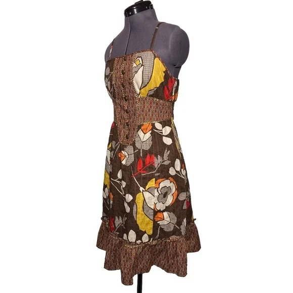 Vtg Y2K Boho Dress Floral Sundress Brown Cotton Ruffle Hem Festival Kenzie M - Picture 5 of 8